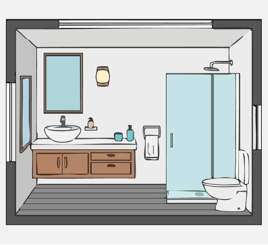 A graphic of a bathroom with a sink, shower, and toilet.