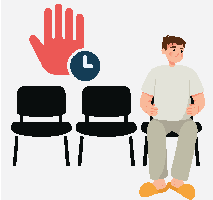 A man sitting in waiting room chair. There are a hand and a clock to represent wait time.