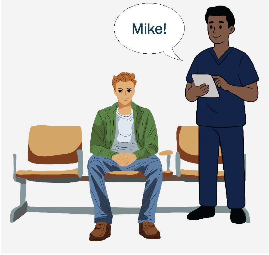 A man sitting in a waiting room chair while a nurse calls out for someone named 
