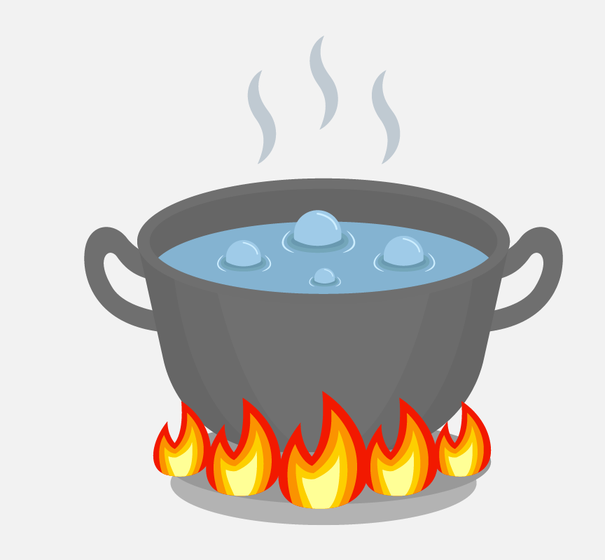 A pot of boiling water with flames underneath.