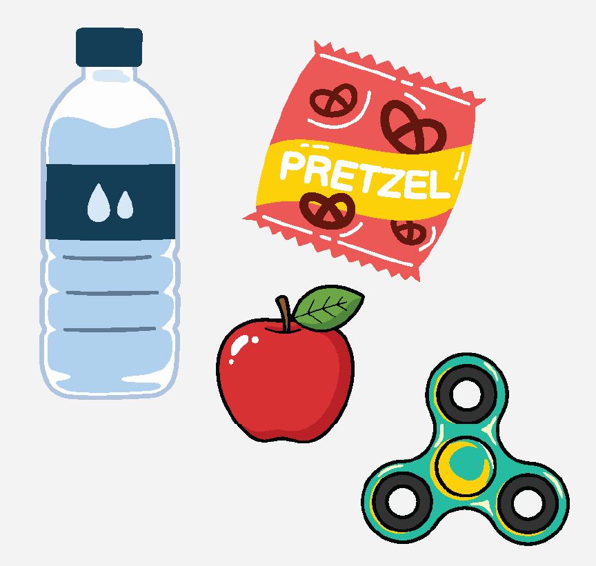 A water bottle, a bag of pretzels, an apple, and a fidget spinner.