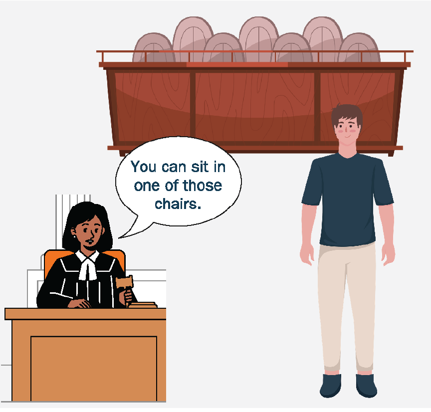 A judge and man in a courtroom. The judge says, 
