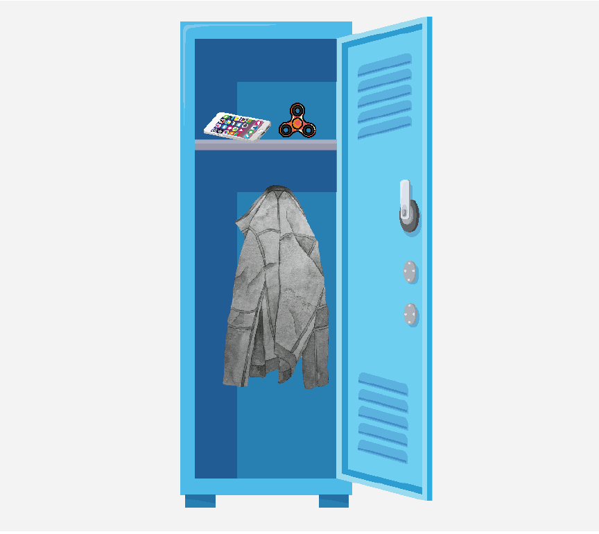 A blue locker with a phone, fidget spinner, and jacket inside.