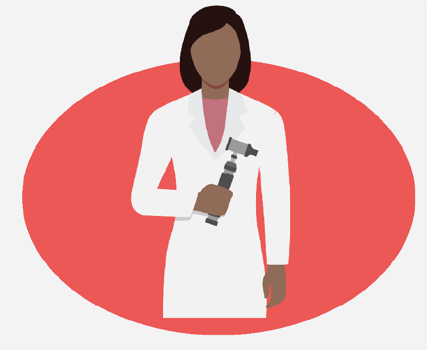 An audiologist wearing a white lab coat and holding a medical tool used to look at ears. There is a red oval behind her.