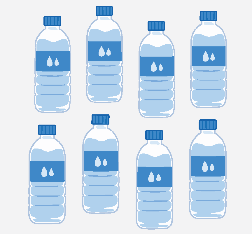 Eight plastic water bottles.