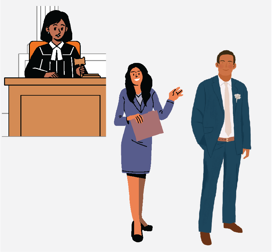 A judge sitting at a desk and two attorneys standing nearby.
