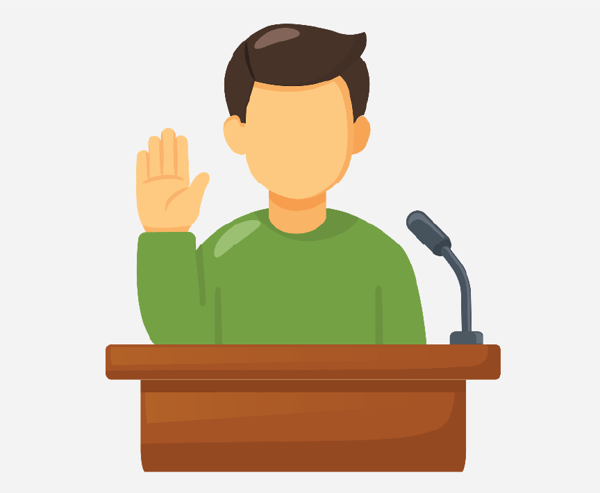 A man raising his right hand in a courtroom.