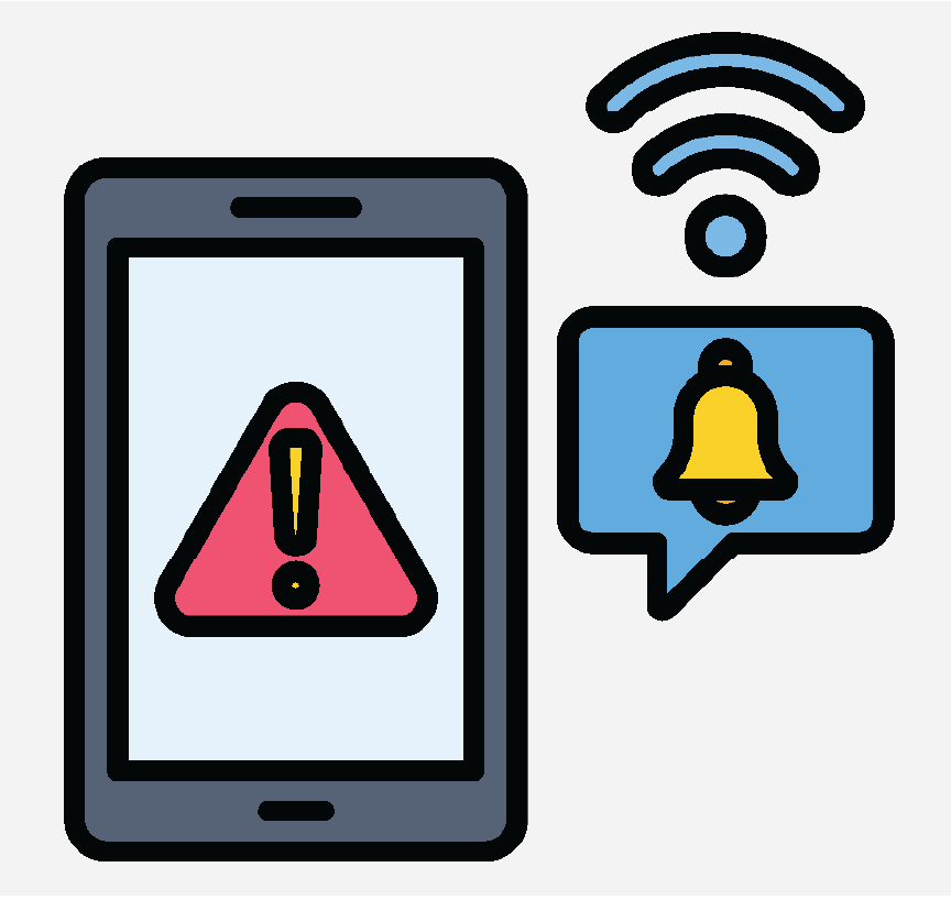 A phone with a warning on the screen and sound lines to show that the phone is making an alert noise.