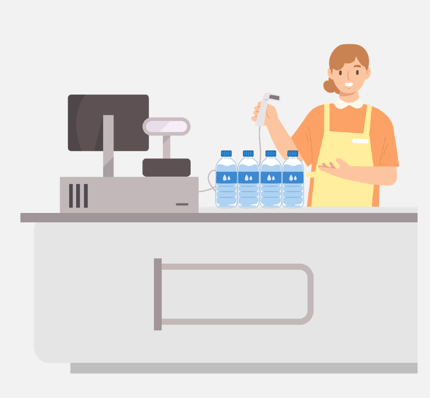 A cashier at a store scanning four water bottles.