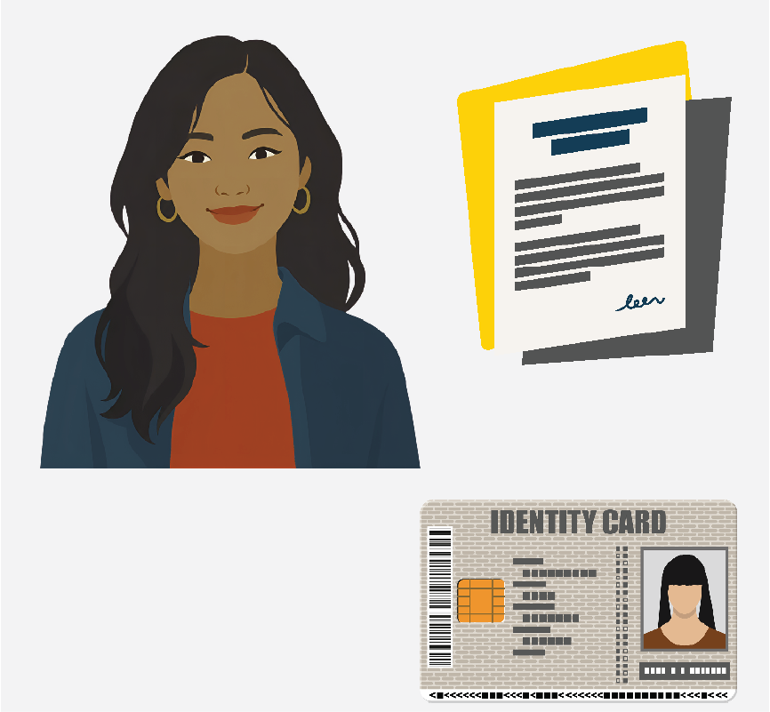 A woman wearing nice clothes, a form, and a photo ID card.