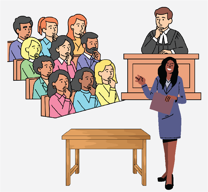 A judge, the jury, and an attorney in a courtroom.
