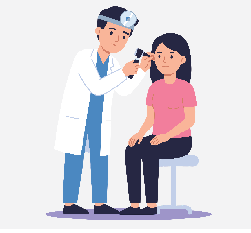 An audiologist looking into a woman's ear.
