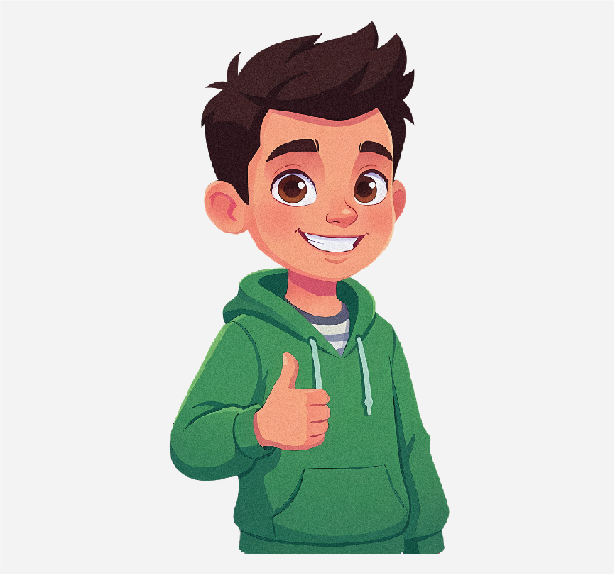 A boy in a green sweatshirt giving a thumbs up.