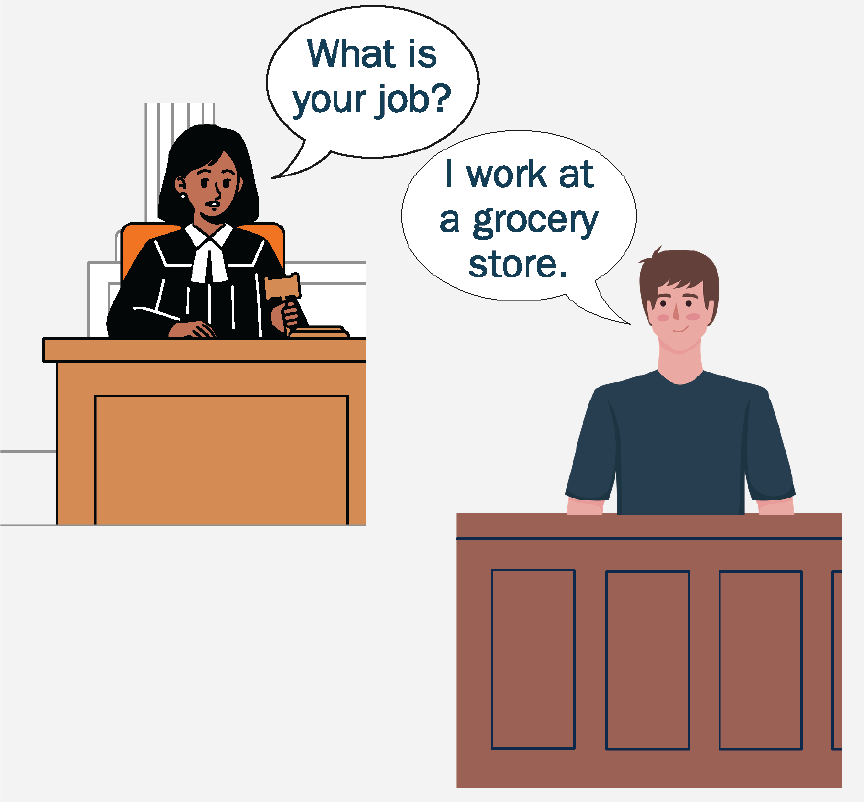 A judge sitting at a desk asking a man 