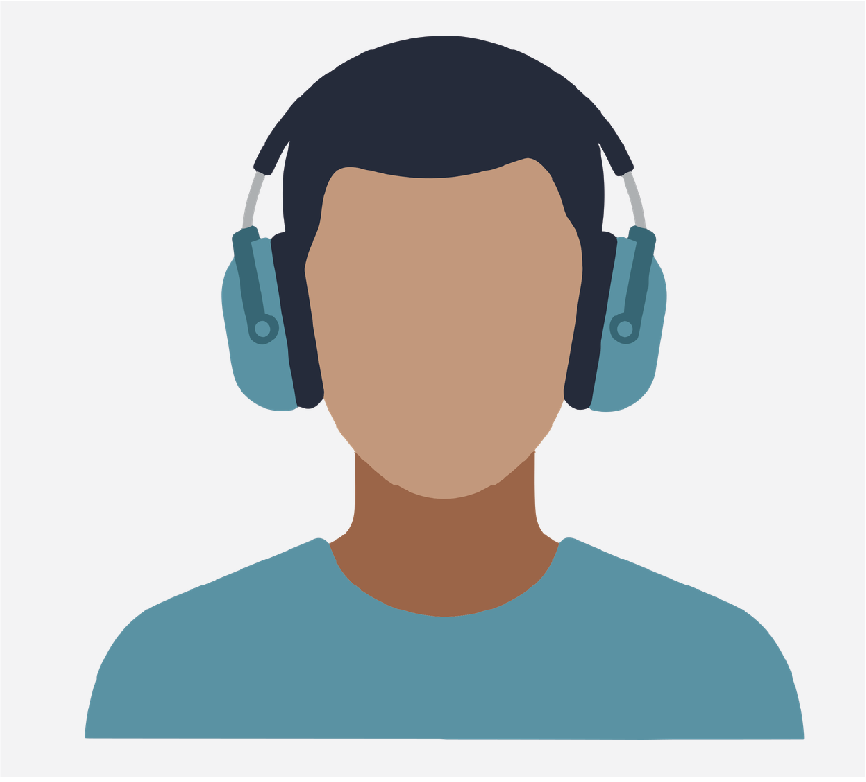 A faceless person wearing headphones.