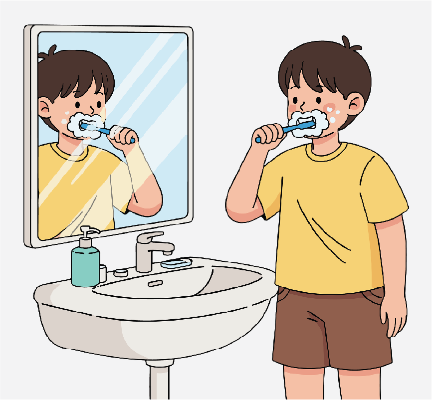 A boy looking in a bathroom mirror while brushing his teeth.