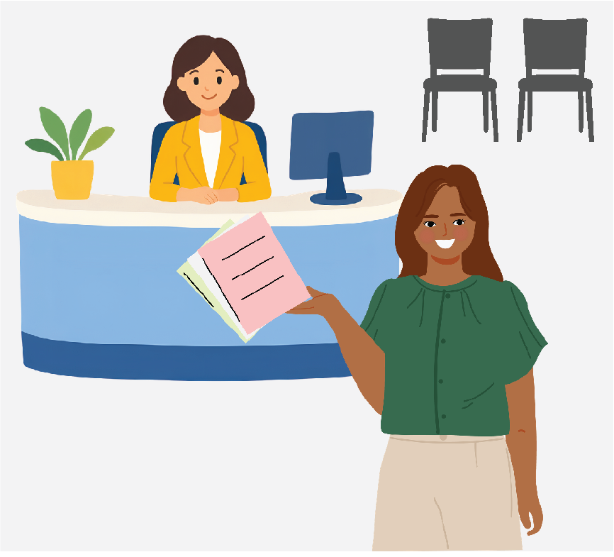 A woman holding up forms to another woman sitting at a front desk.