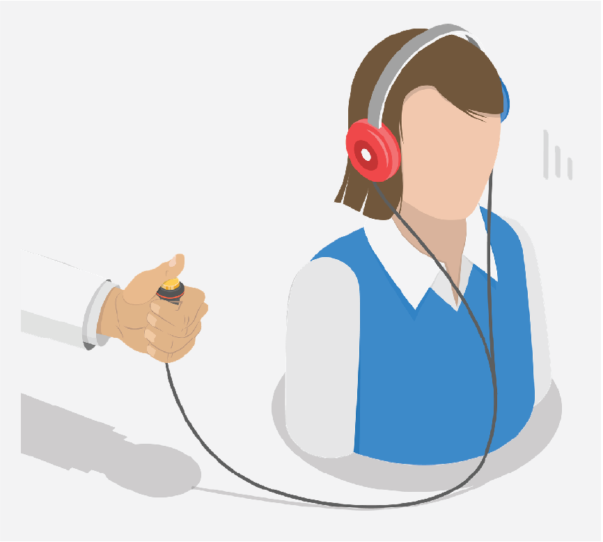 A faceless person wearing blue and red headphones. There is a hand behind them pushing a button connected to the headphones.