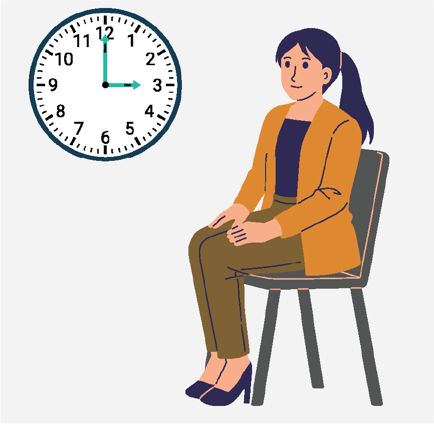 A woman sitting in a chair and a clock to show she's waiting.