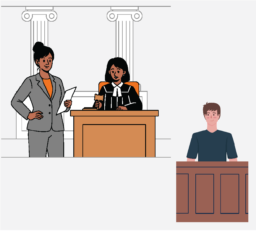 A judge and an attorney talking while a man sits in the jury box.