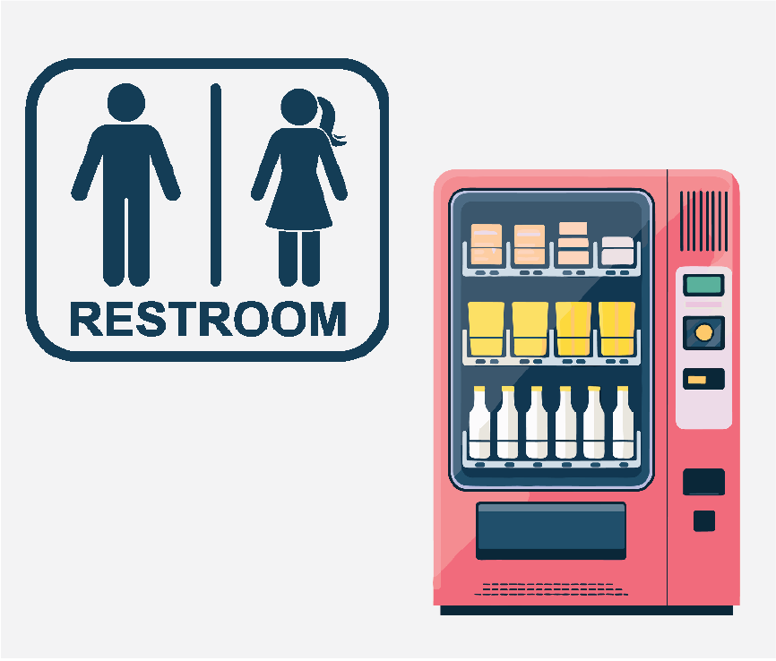 A restroom sign and a pink vending machine.