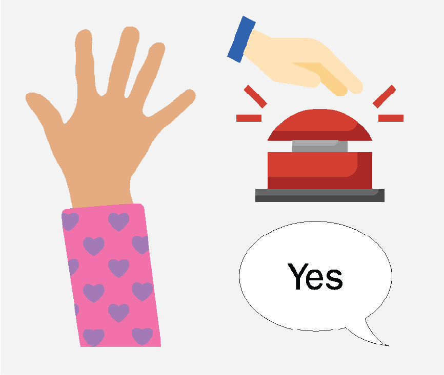 A raised hand, a hand pushing a red button, and the word 