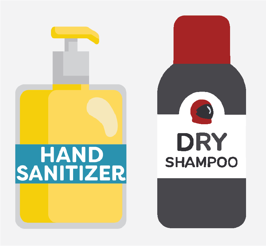 Bottles of hand sanitizer and dry shampoo.