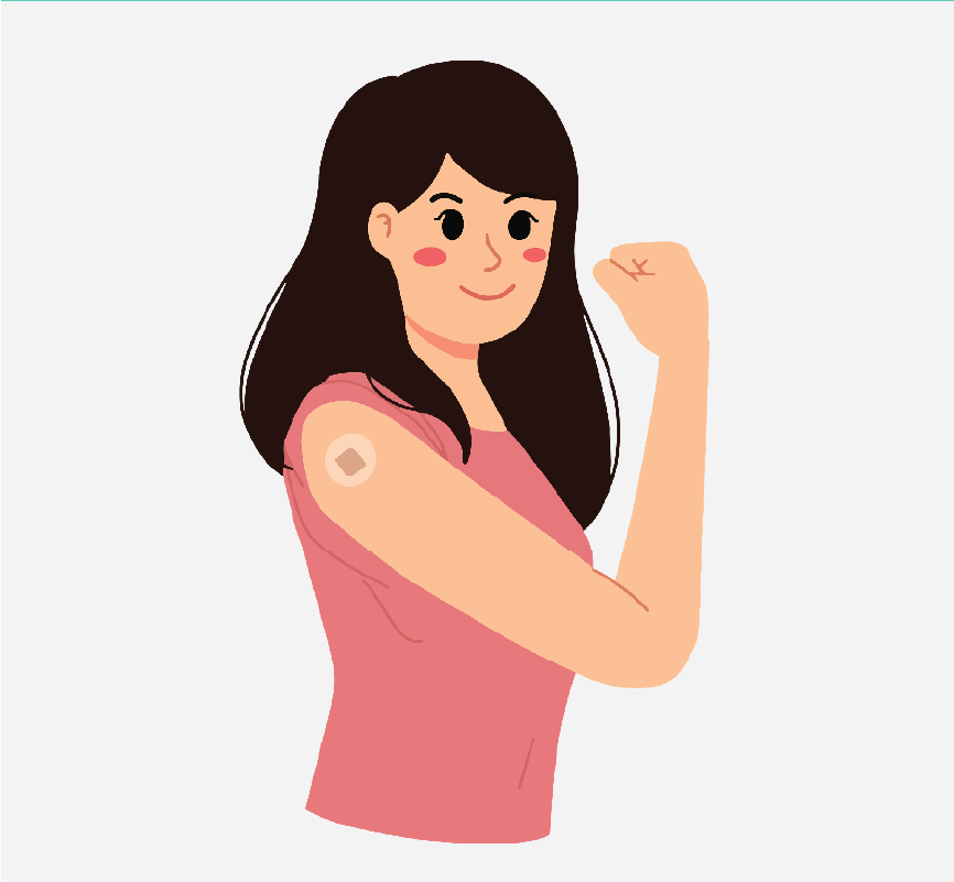 A woman flexing her arm to show off a band aid.