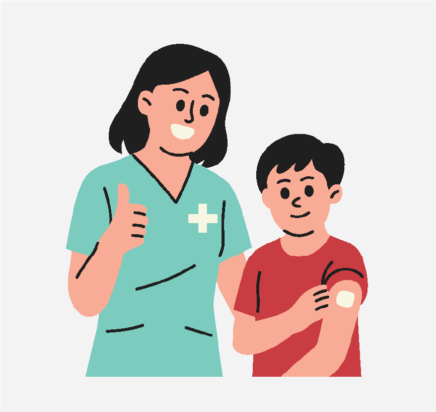 A nurse giving a thumbs up while a young boy shows off the band aid on his arm.