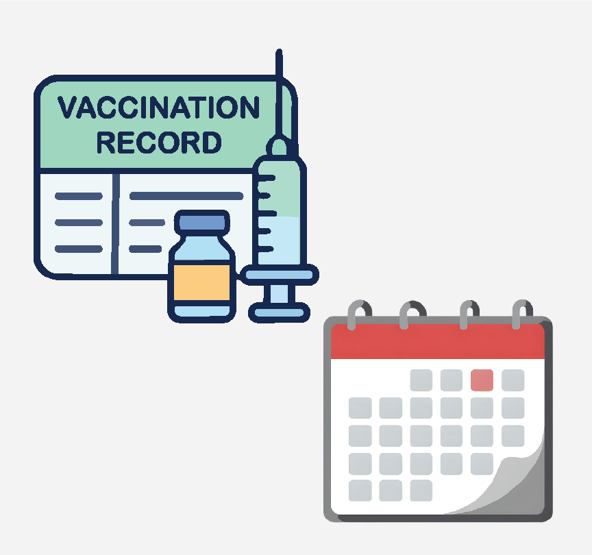 A syringe and medicine bottle next to a vaccination record card. There is also a calendar in the bottom right corner.
