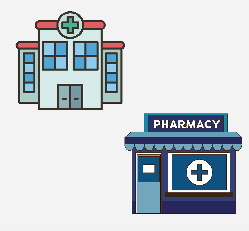 A doctor's office building and a pharmacy building.