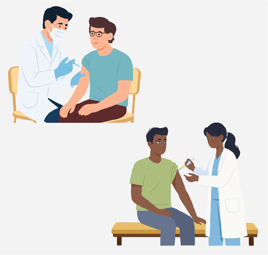 Two images of a doctor giving men vaccines in their arms while sitting in a chair and on an exam table.