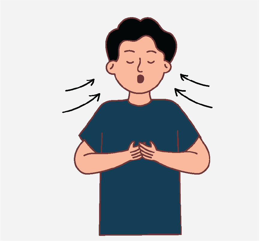 A man taking deep breaths to calm himself.