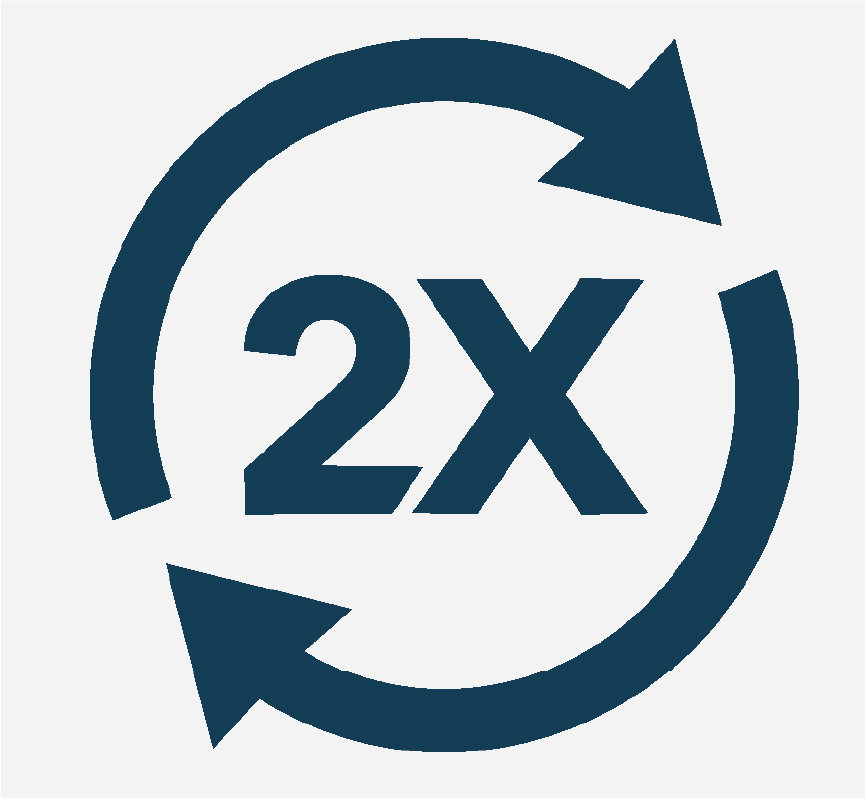 Two arrows in a circle with 2x in the center.