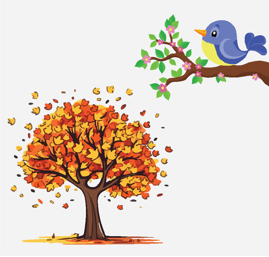 A colorful fall tree and a bird sitting on a branch of a spring tree.