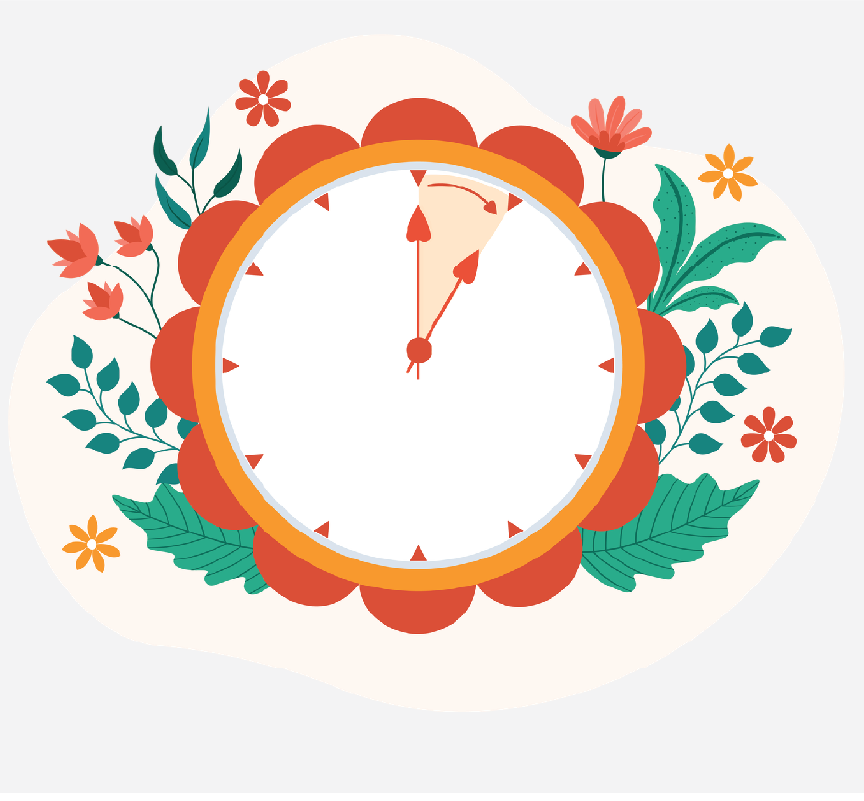 A clock with flowers around it. The hour between 12 and 1 is highlighted and has an arrow going in clockwise direction.
