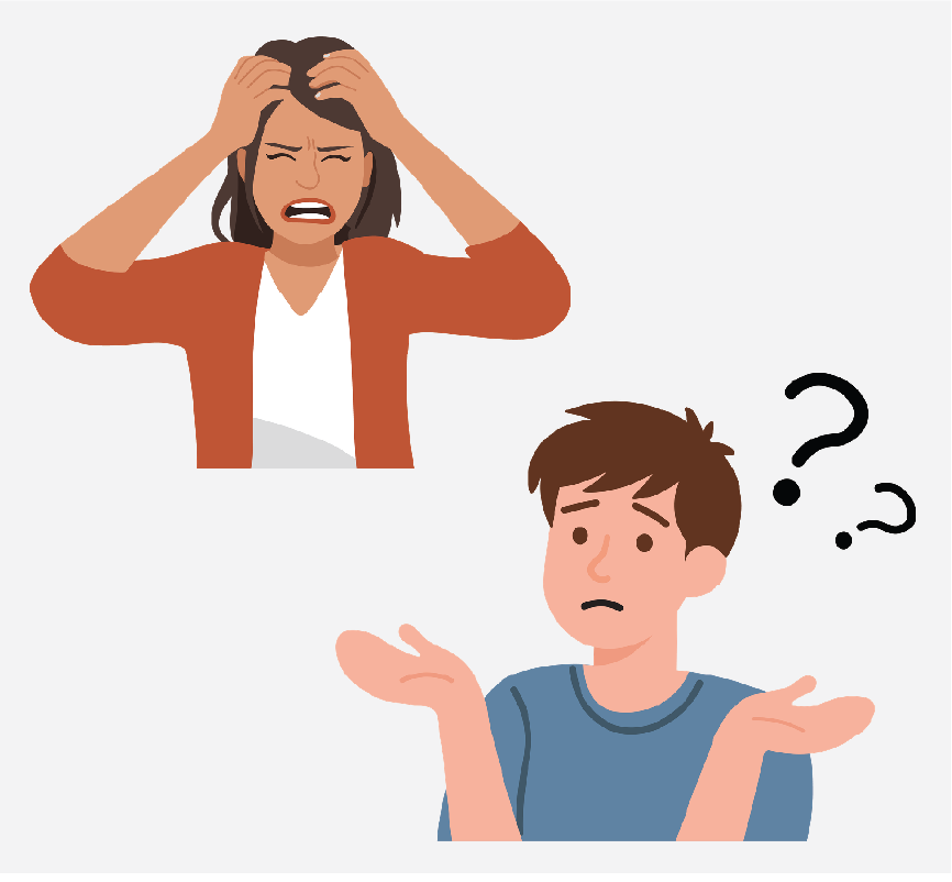 A confused woman with her hands on her head and a confused man with question marks around him.