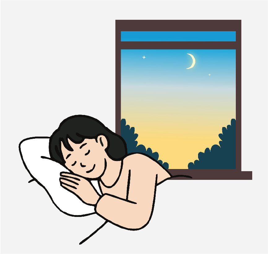 A girl sleeping with her head on a pillow by a window with the moon outside.
